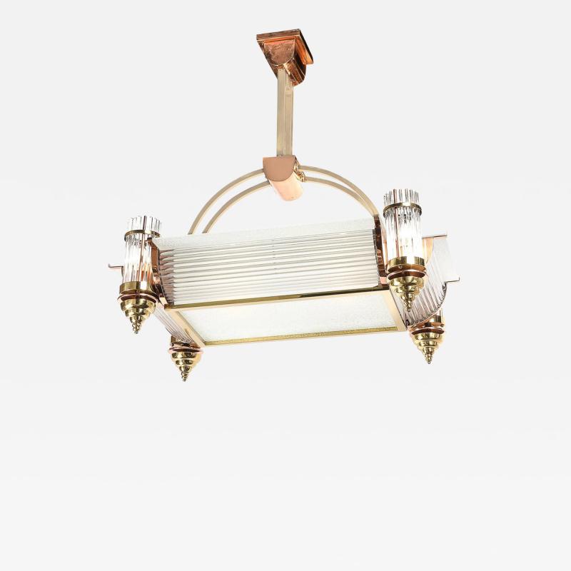 Ren Pottier Art Deco Machine Age Brass Copper Rectangular Chandelier by Ren Pottier