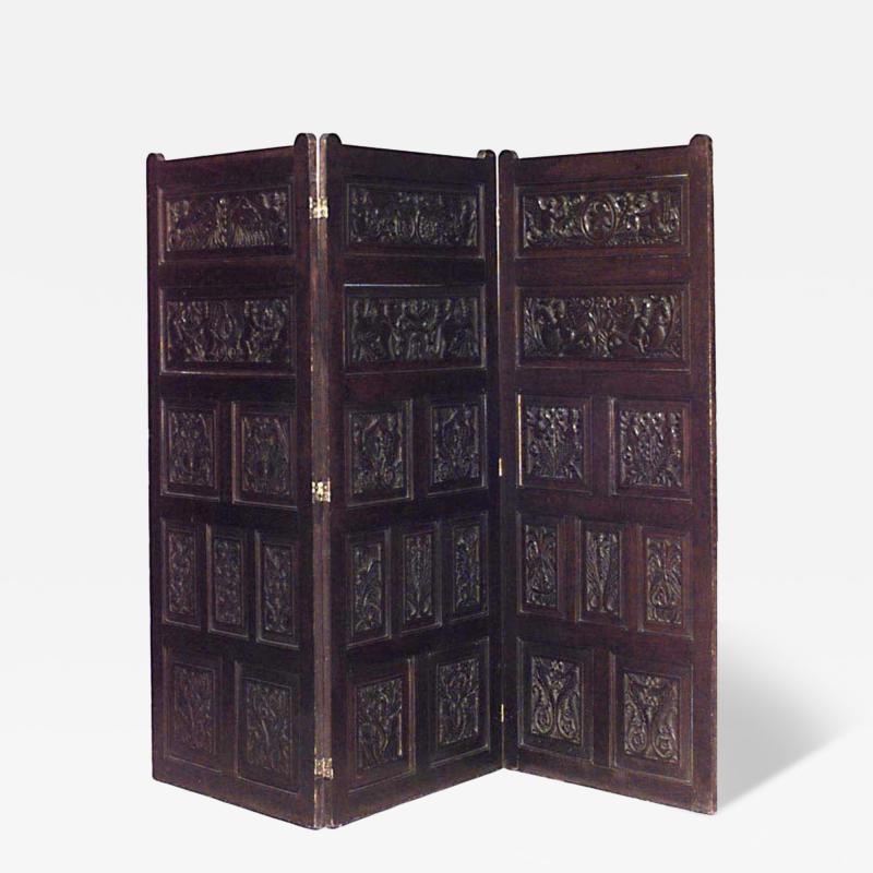 Renaissance Style Carved Oak 3 Fold Screen
