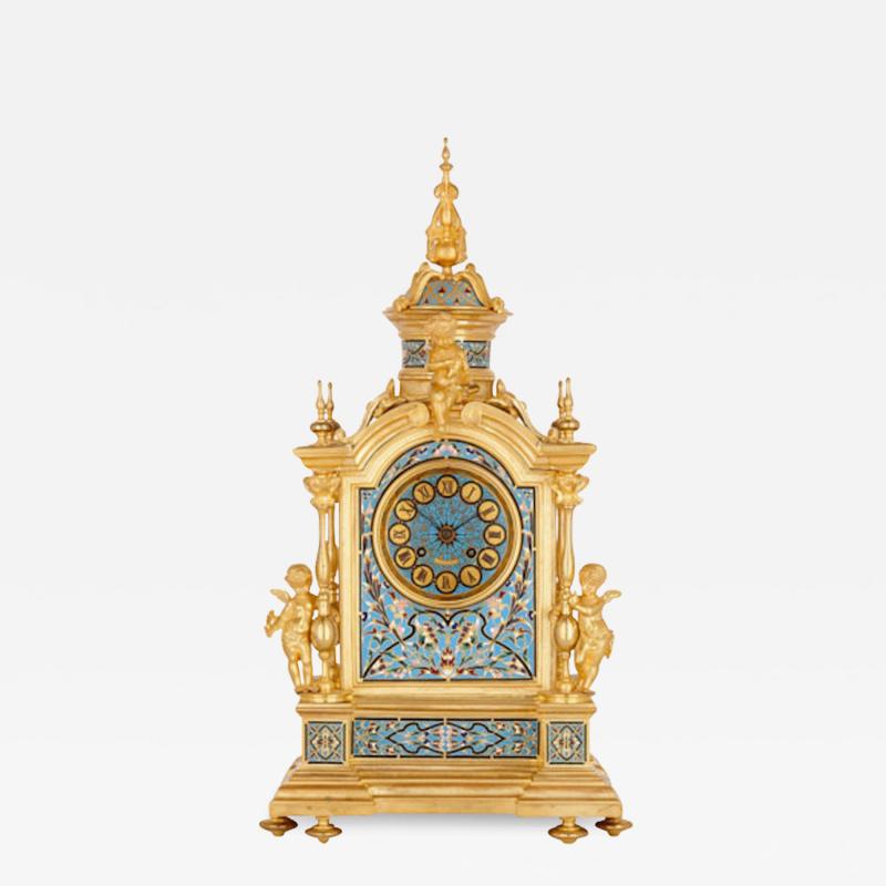 Renaissance style gilt bronze and enamel mantel clock