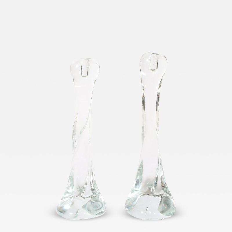 Renato Anatra Pair of Signed Renato Anatra Transparent Sculptural Murano Glass Candlesticks