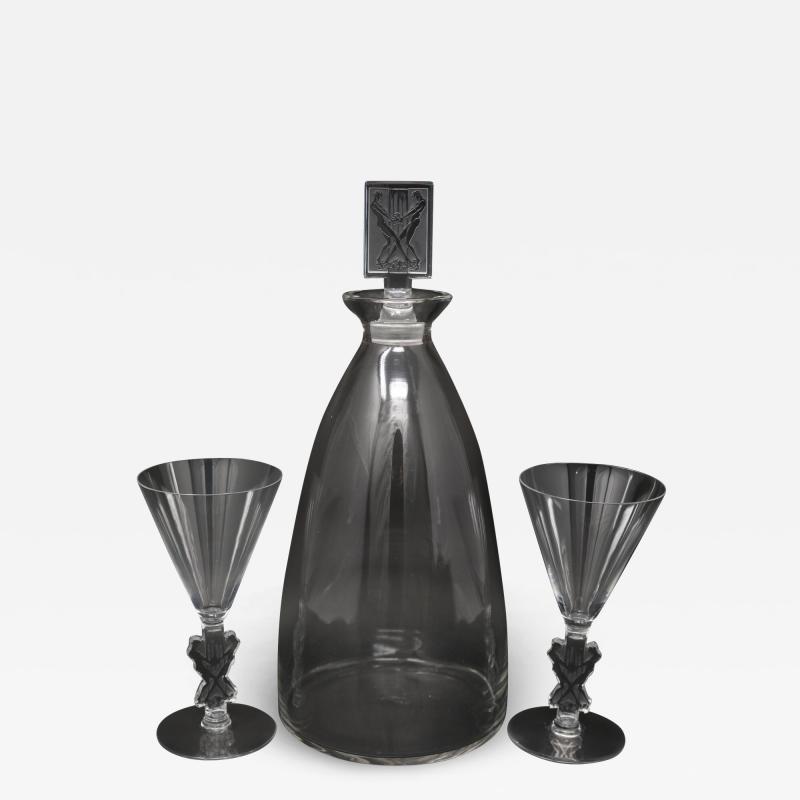 Rene Lalique Glass Strasbourg Decanter with 2 Glasses