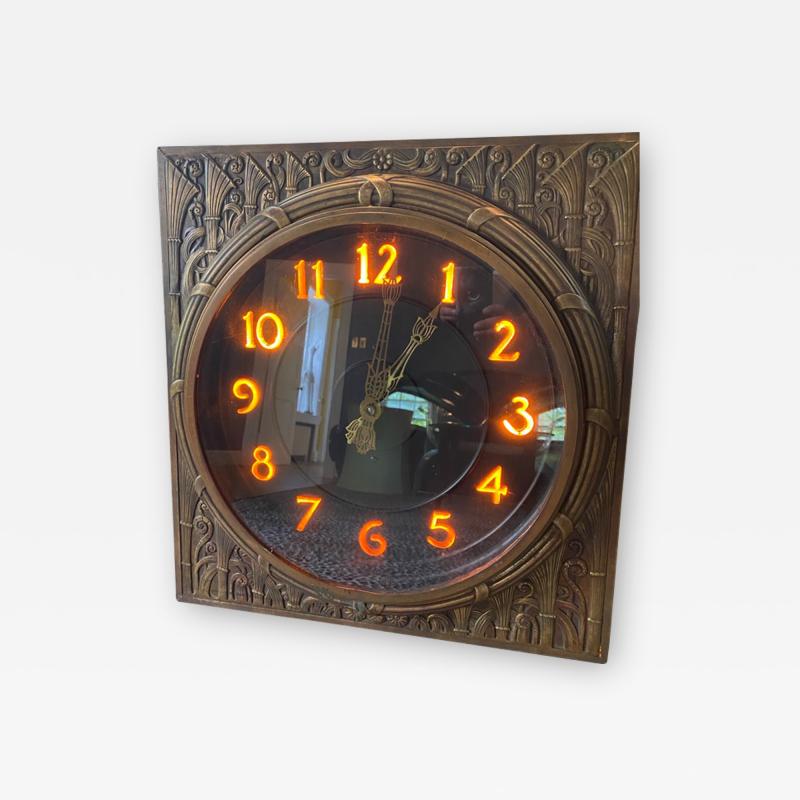 Rene Paul Chambellan ART DECO STYLIZED FLORA ILLUMINATED BRONZE WALL CLOCK