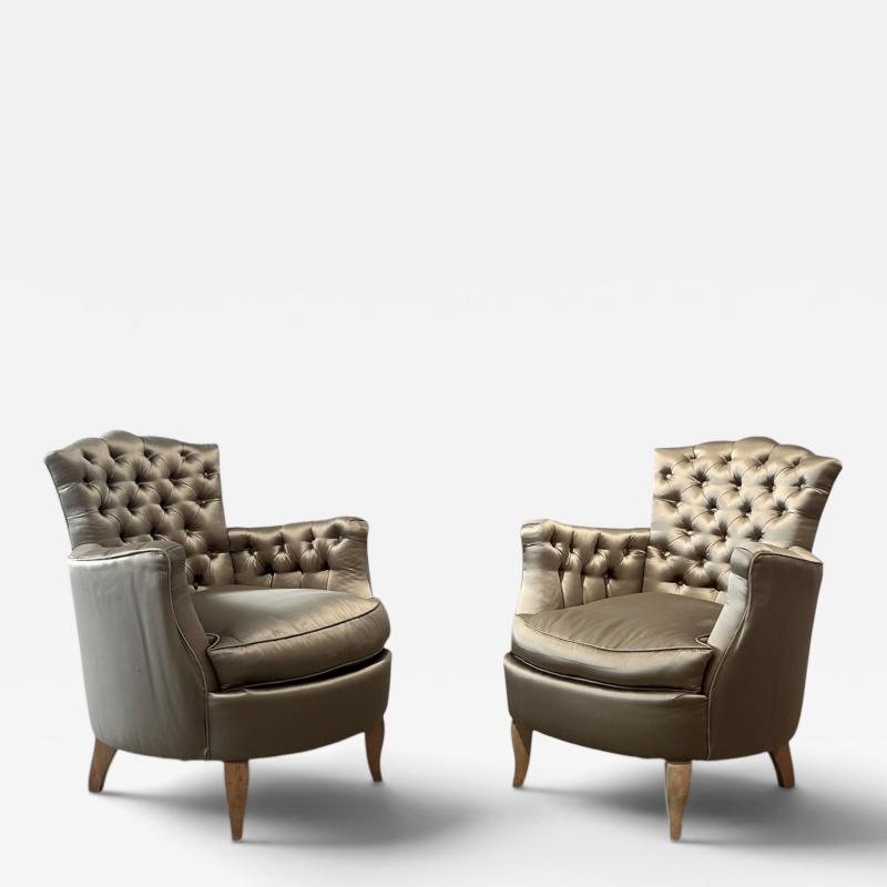 Rene Prou French Pair of Button Back Small Armchairs circa 1940 attributed to Ren e Prou