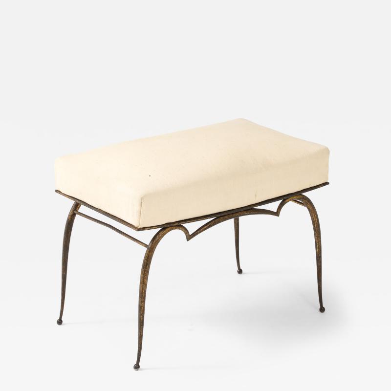 Rene Prou Ren Prou Gilt Upholstered Stool Tapered Legs Spherical Feet France c 1940 s