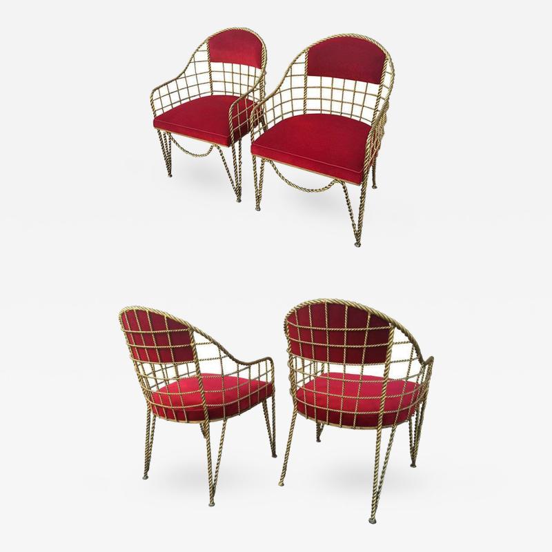 Rene Prou Rene Prou Exceptional Set of 4 Gold Leaf Iron Chair Covered in Red Velvet