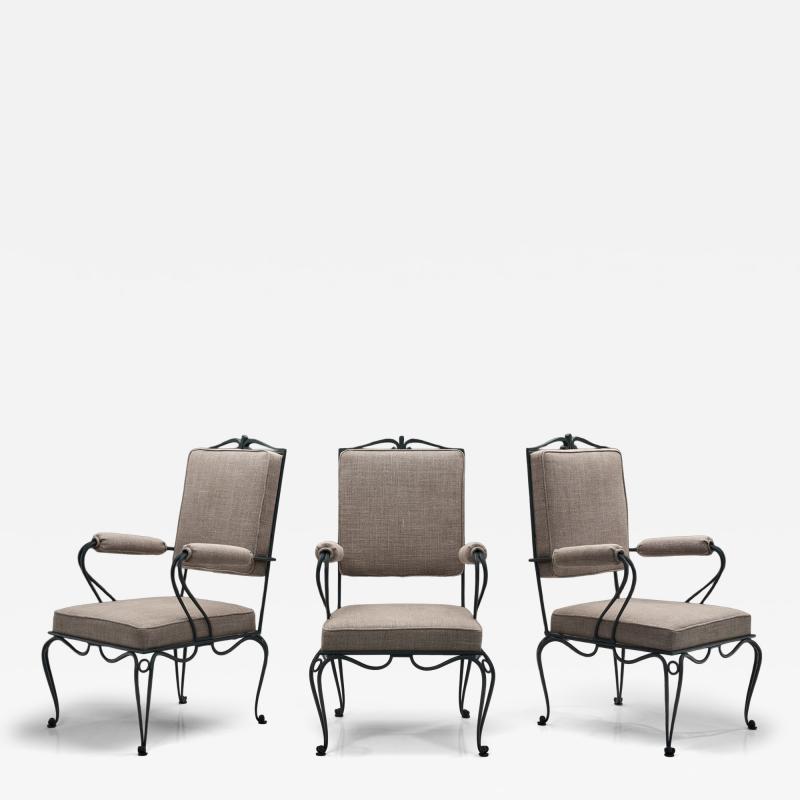 Rene Prou Set of Three Armchairs with Metal Frames by Ren Prou Attr France ca 1940s