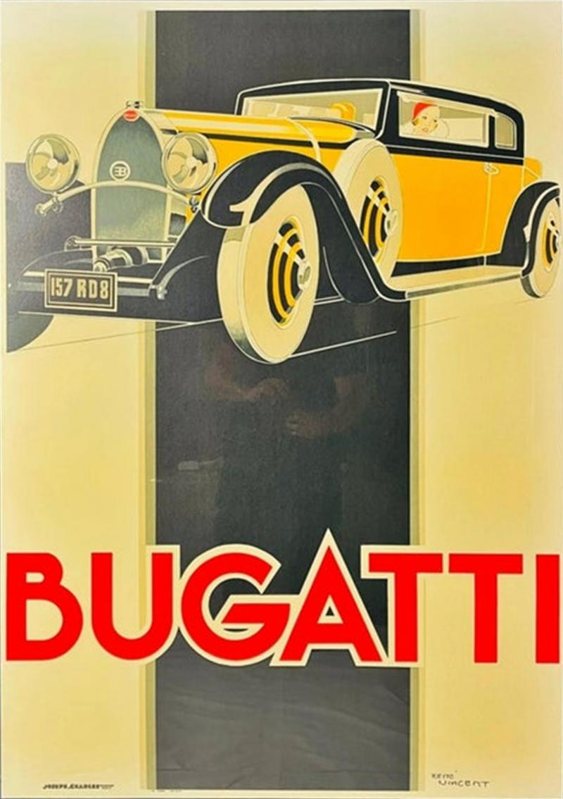 Rene Vincent Bugatti Type 46 Art Deco Lithograph Poster by Ren Vincent Framed