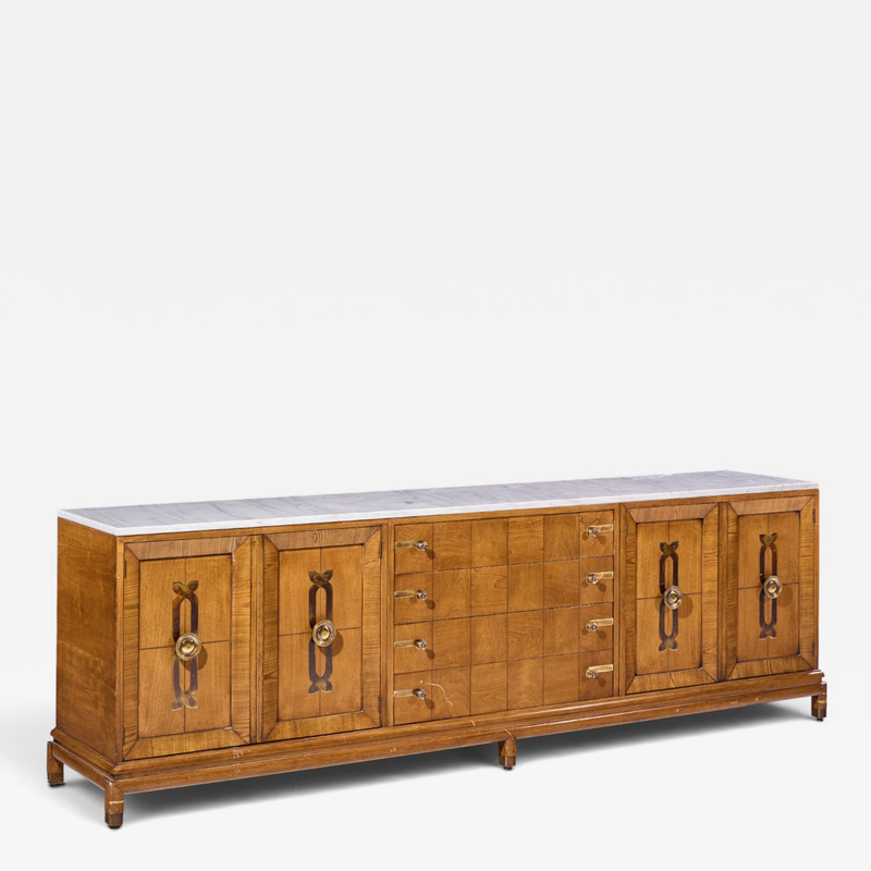 Renzo Rutili Renzo Rutili for Johnson Furniture Mid Century Walnut Brass and Marble Credenza