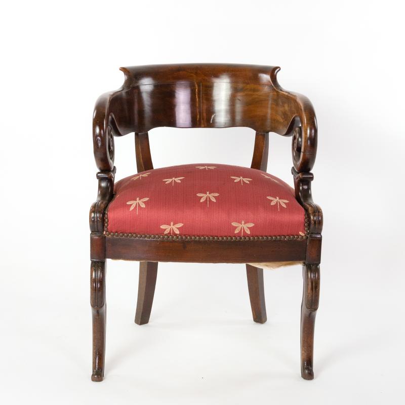 Restoration Period Barrel Back Desk Chair In Cuban Mahogany, French Circa 1820.