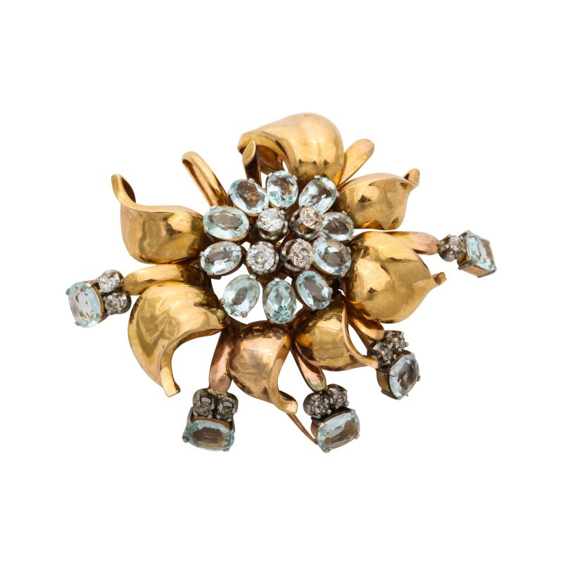 Retro Aquamarine and Diamond Gold Brooch Pin