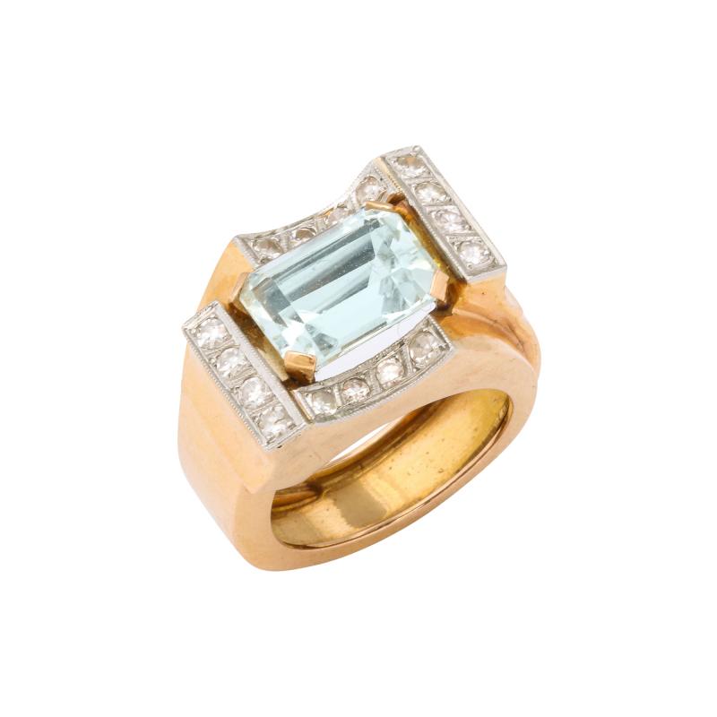 Retro Aquamarine and Diamond Gold Ring