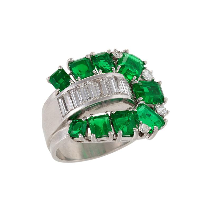 Retro Emerald Diamond and Platinum Buckle Ring