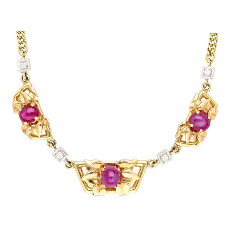 Retro Era 6 22 Carat Star Ruby Diamond Necklace with 14K Gold Carved Detailing