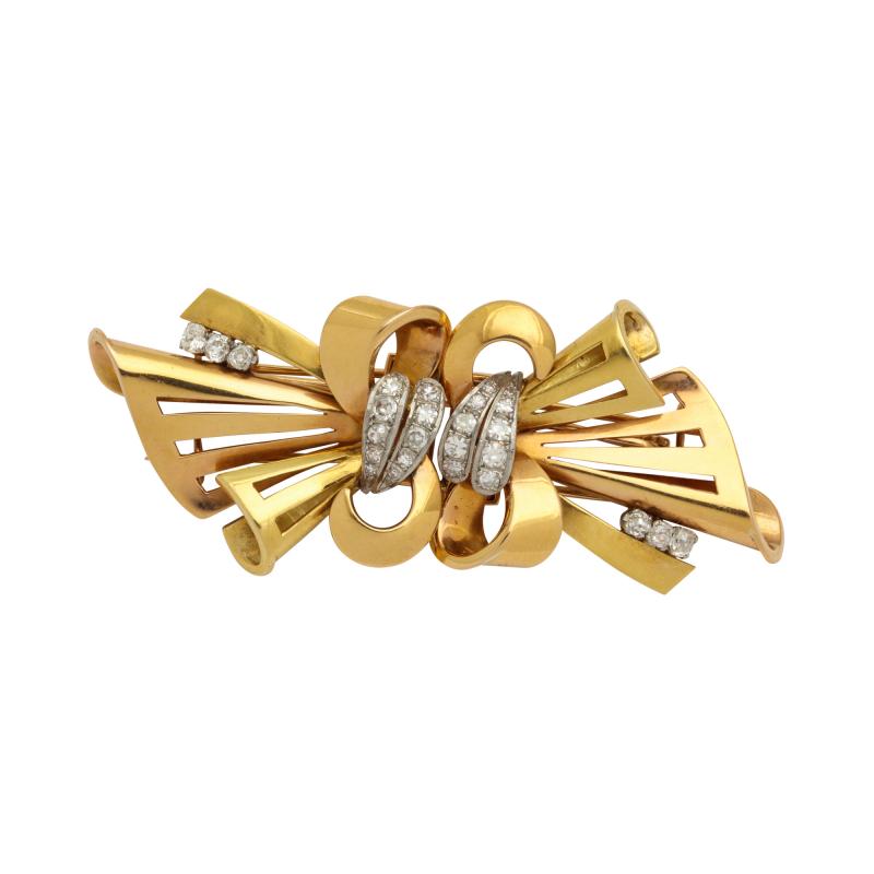 Retro Gold French Bow with Diamond Clip Brooch