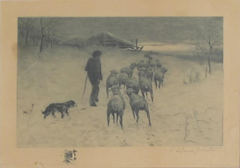 Reuben LeGrande Johnson Henry Pruett Share etching of a wintry pastoral scene R LeGrande Johnston