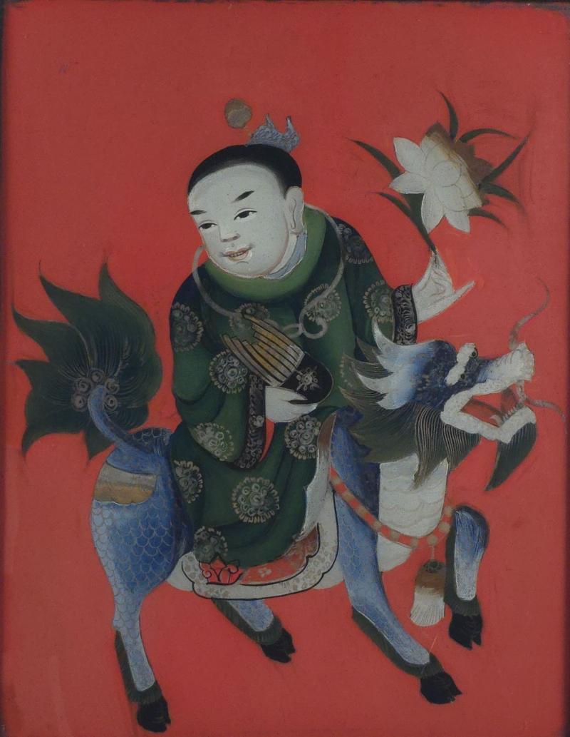 Reverse Glass Painting of a Boy Riding a Qilin China circa 1920