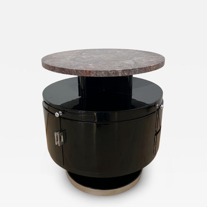 Revolving round Art Deco Side Table Black Lacquer Marble France circa 1930