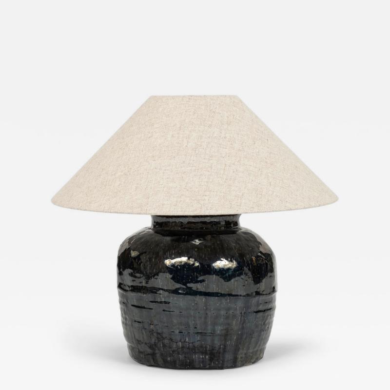Ribbed Black Glazed Table Lamp with Linen Shade