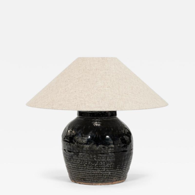 Ribbed Black Glazed Table Lamp with Linen Shade