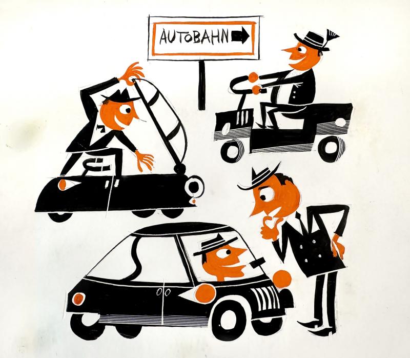 Richard Erdoes BMW Isetta Messerschmitt Crazy Cars Autobahn Humorous Illustration