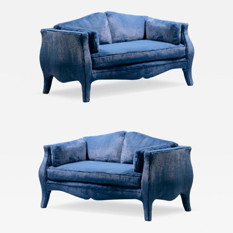 Richard Himmel Pair of Richard Himmel Lutece Bomb Settees in Sapphire Blue Faux Fur c 1970