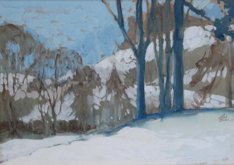 Robb Beebe Gouache on paper of an atmospheric wintry forest scene signed Robb Beebe