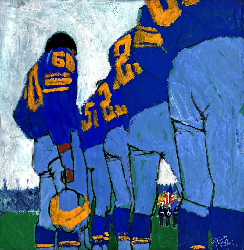 Robert Bob Peak Pregame Football Players Lined Up Abstraction of Blue Jersey and Orange Numbers