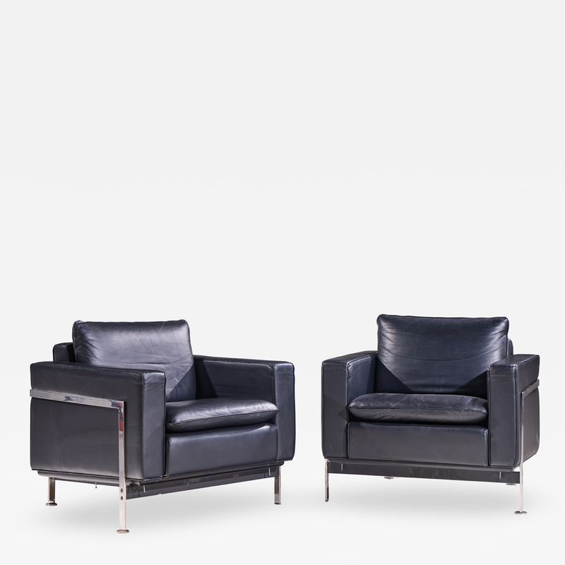 Robert Haussmann Robert Haussmann for De Sede Mid Century Black Leather Chairs Pair
