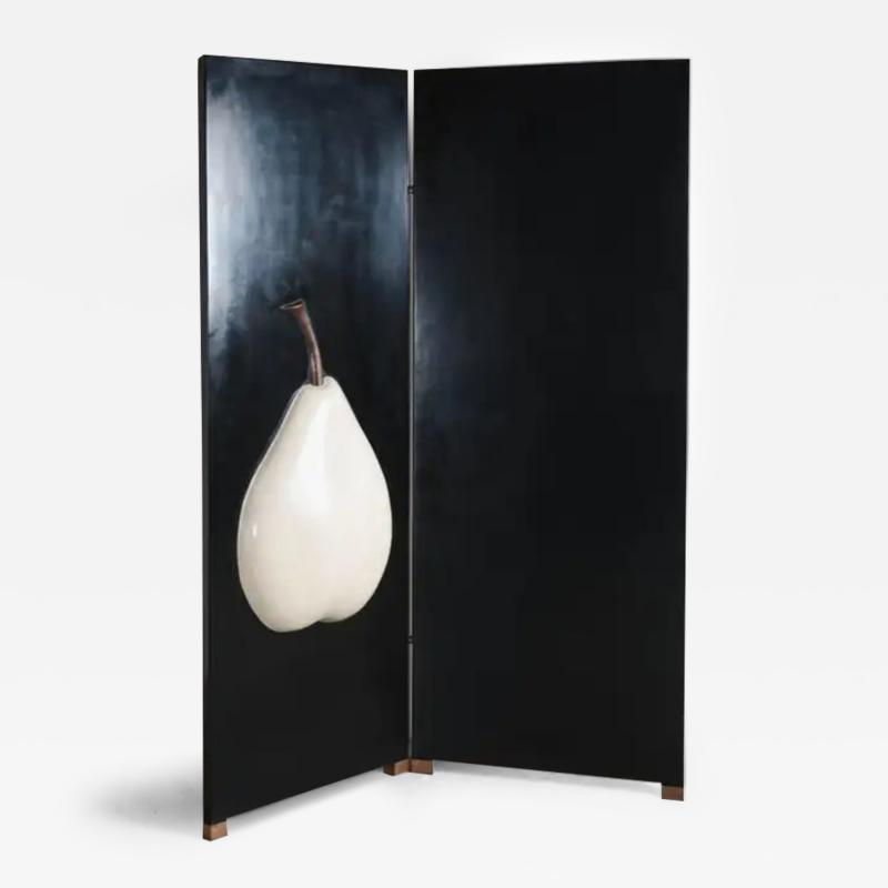 Robert Kuo 2 Panel Black Lacquer Screen with Cream Pear by Robert Kuo Handmade Limited