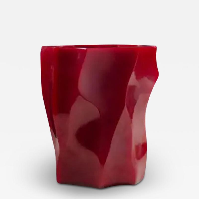 Robert Kuo Contemporary Bamboo Shaven Peking Glass Vase in Raspberry by Robert Kuo