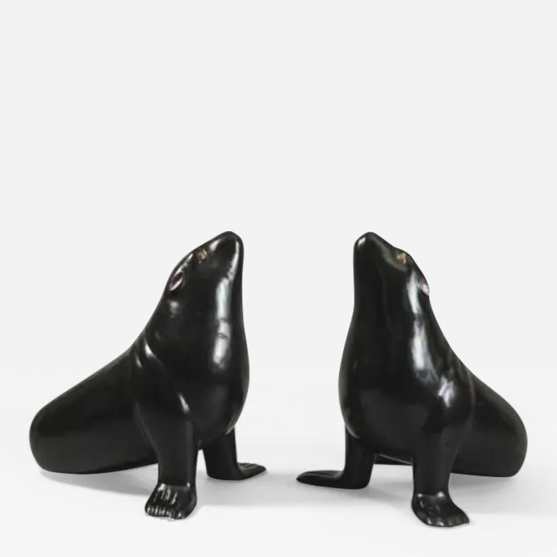 Robert Kuo Contemporary Black Lacquer Sea Lion Sculpture by Robert Kuo Limited Edition
