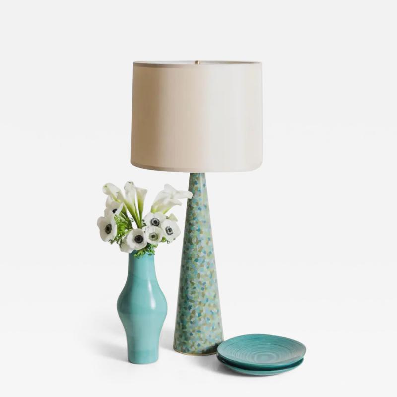 Robert Kuo Contemporary Cloisonn Conical Table Lamp in Azure Design by Robert Kuo
