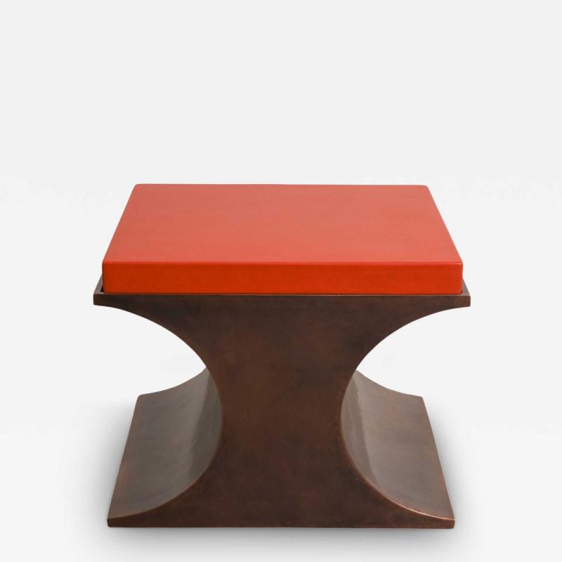 Robert Kuo Contemporary Copper Crescent Side Table w Red Lacquer Top by Robert Kuo