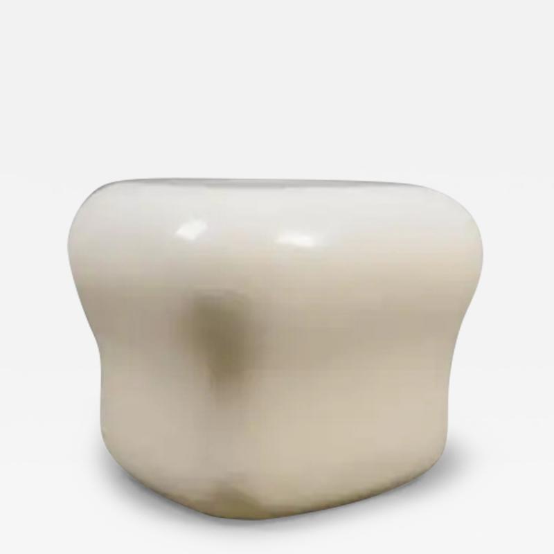 Robert Kuo Contemporary Cream Lacquer Cushion Drumstool by Robert Kuo Limited Edition