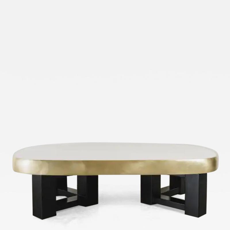 Robert Kuo Contemporary Cream Lacquer Oblong Cocktail Table with Brass Trim by Robert Kuo