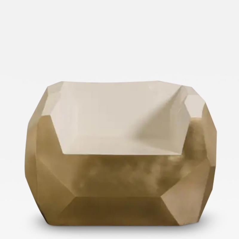 Robert Kuo Contemporary Facet Lounge Chair in Brass and Cream Lacquer by Robert Kuo