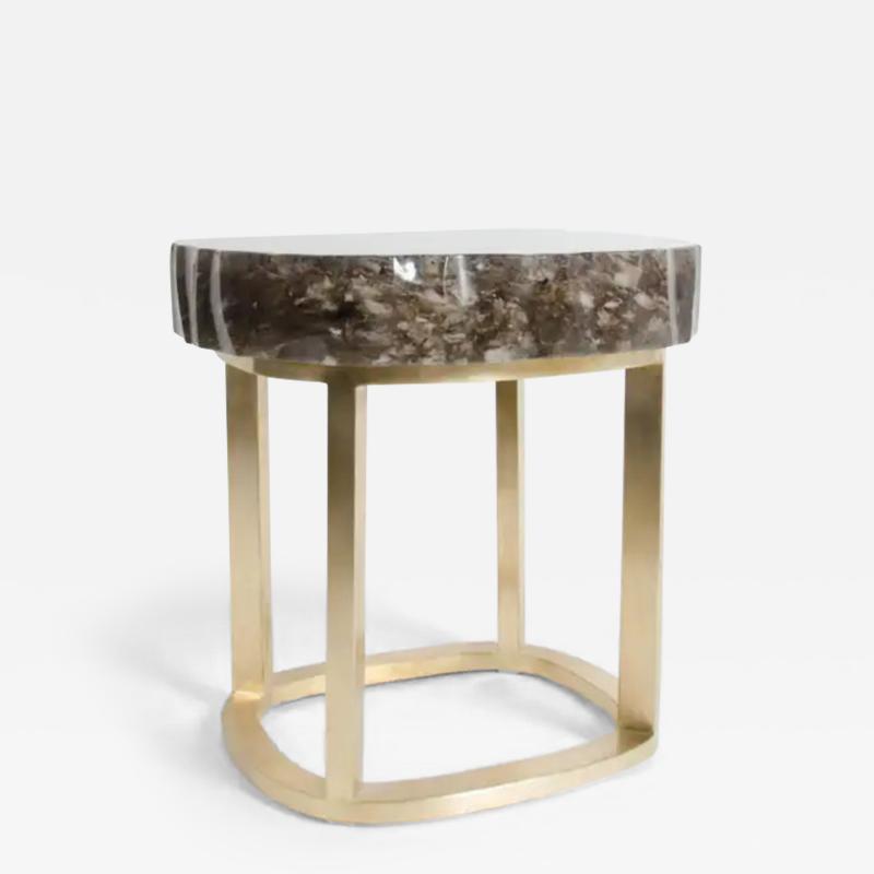 Robert Kuo Contemporary Glacier Side Table in Smoke Crystal and Brass by Robert Kuo