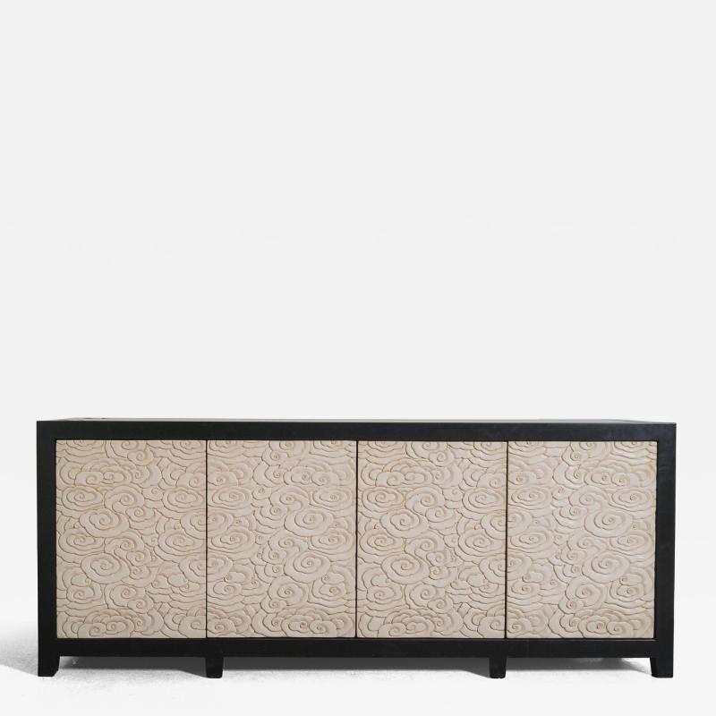Robert Kuo Contemporary Hand Carved Cream Lacquer Cloud Design Buffet by Robert Kuo