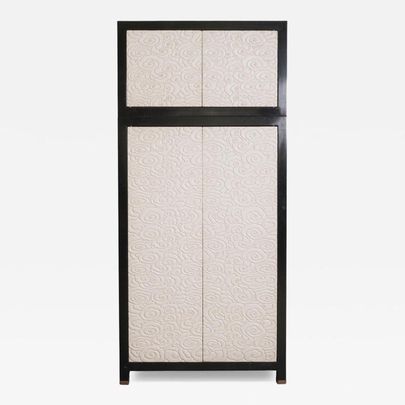 Robert Kuo Contemporary Hand Carved Cream Lacquer Cloud Design Chest on Chest by Robert Kuo