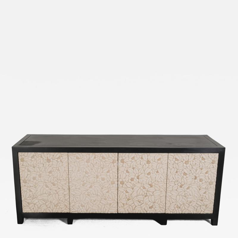 Robert Kuo Contemporary Hand Carved Cream Lacquer Floral Design Buffet by Robert Kuo