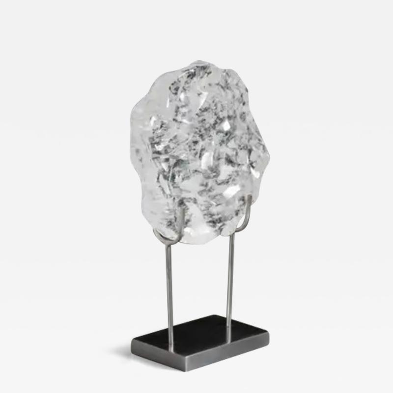 Robert Kuo Contemporary Hand Carved Crystal Bi Sculpture w Steel Stand by Robert Kuo
