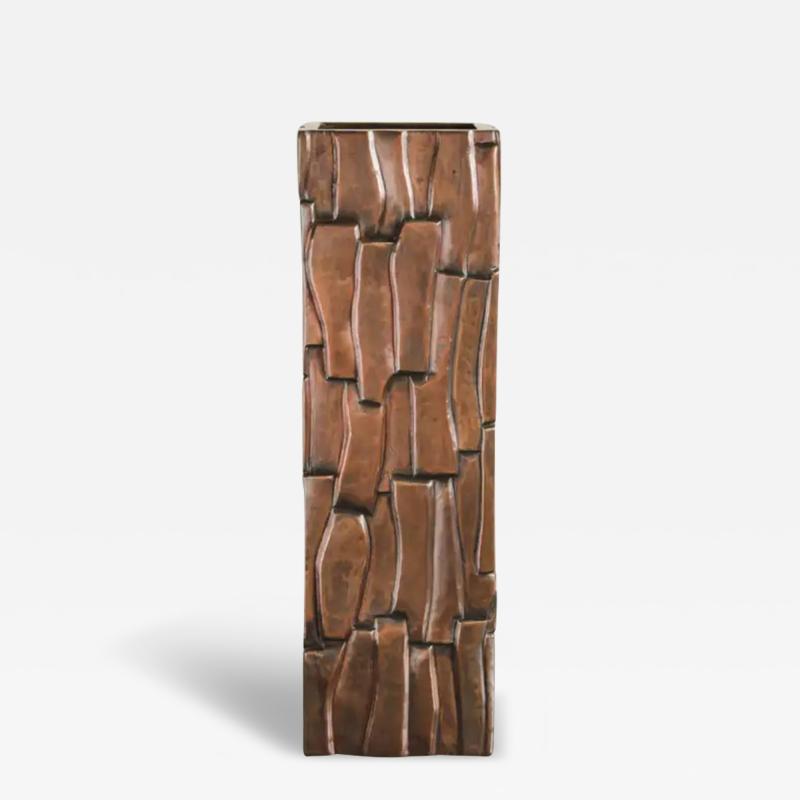 Robert Kuo Contemporary Hand Repouss Kuai Block Vase in Antique Copper by Robert Kuo