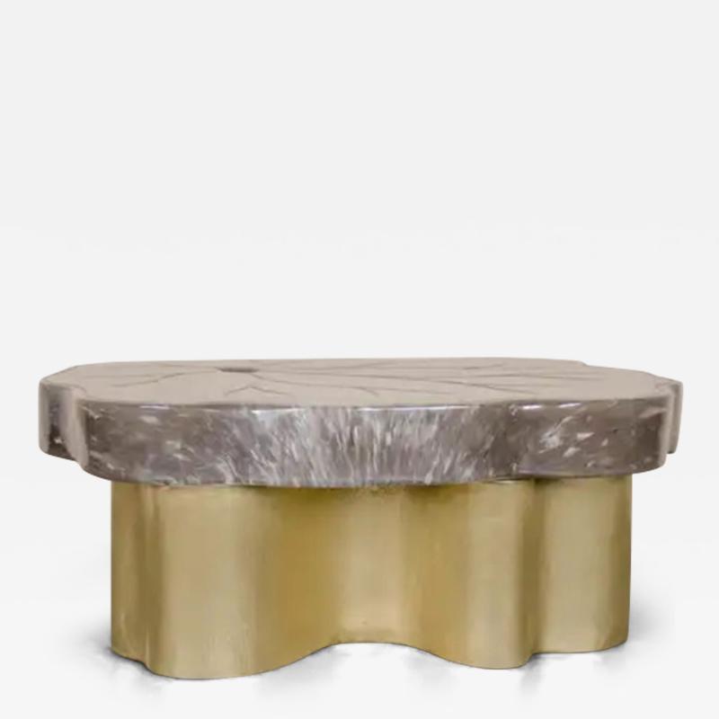 Robert Kuo Contemporary Leaf Design Cocktail Table in Smoke Crystal and Brass by Robert Kuo