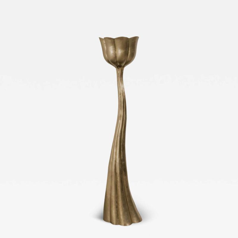 Robert Kuo Contemporary Lotus Pod Torchiere in Repouss Brass by Robert Kuo Limited