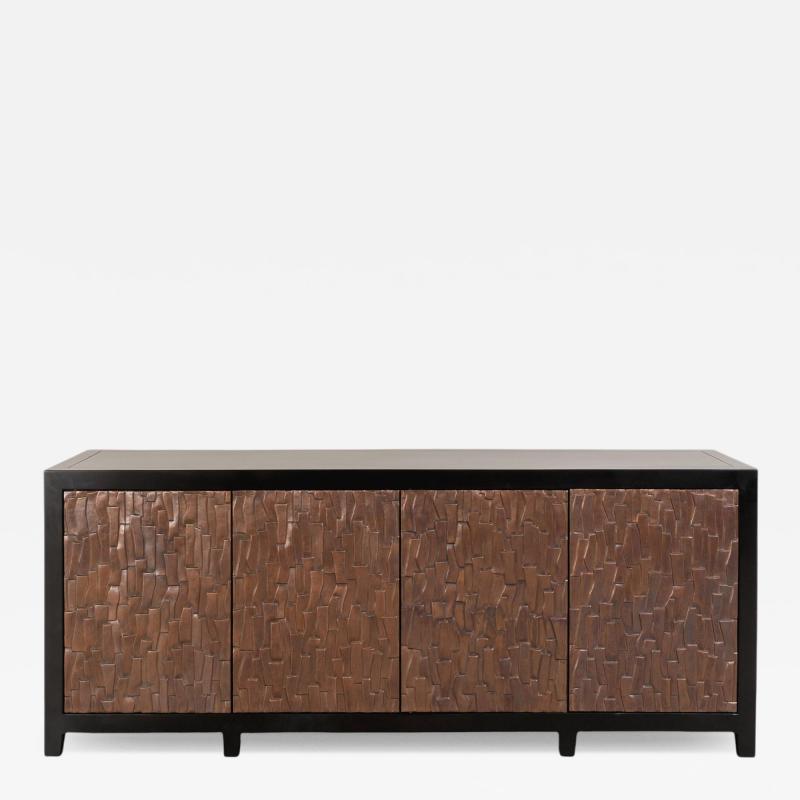 Robert Kuo Contemporary Repouss Antiqued Copper Kuai Design 4 Door Buffet by Robert Kuo