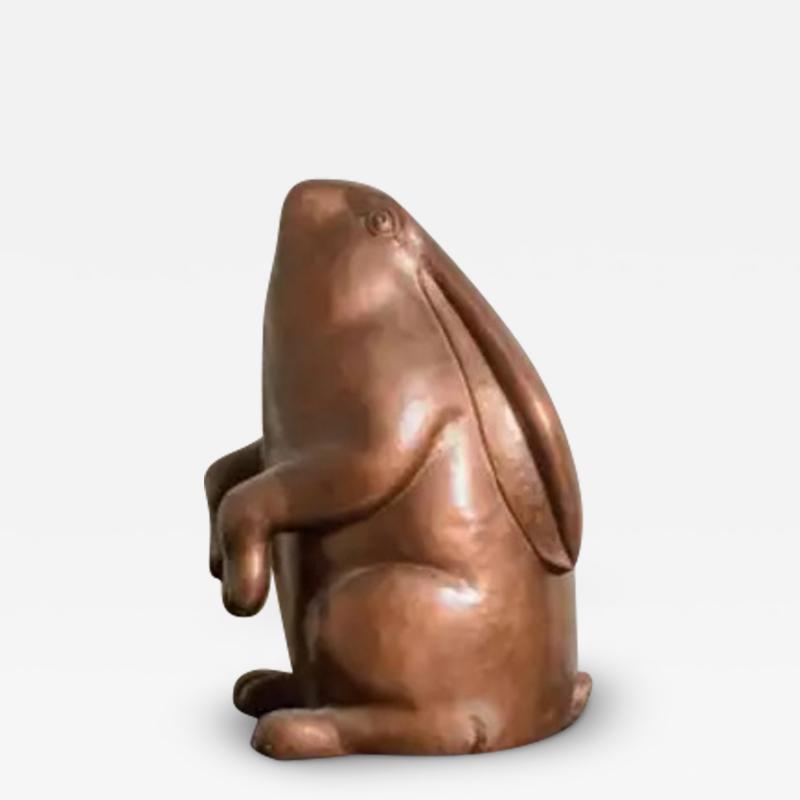 Robert Kuo Contemporary Repouss Antiqued Copper Sitting Rabbit Sculpture by Robert Kuo