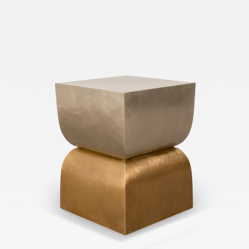 Robert Kuo Contemporary Repouss Brass and White Bronze Fang Duo Side Table by Robert Kuo