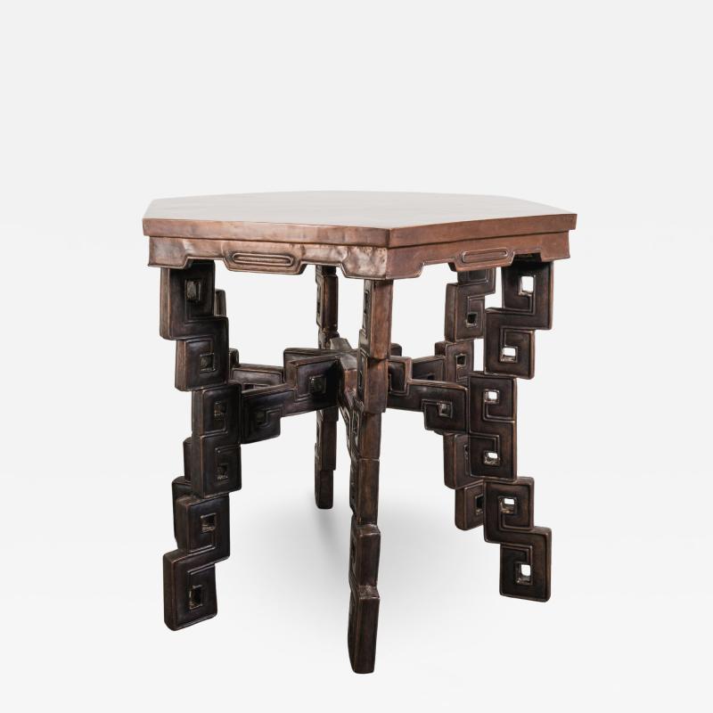 Robert Kuo Contemporary Repouss Hexagonal Table in Antiqued Copper by Robert Kuo