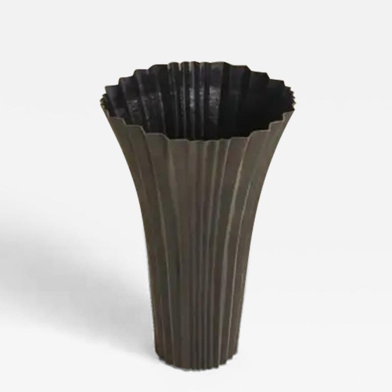 Robert Kuo Contemporary Repousse Fan Design Vase in Black Copper by Robert Kuo Limited