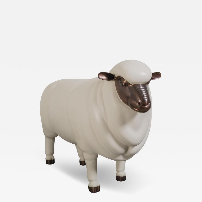 Robert Kuo Contemporary Sheep Sculpture Male in Cream Lacquer and Copper by Robert Kuo